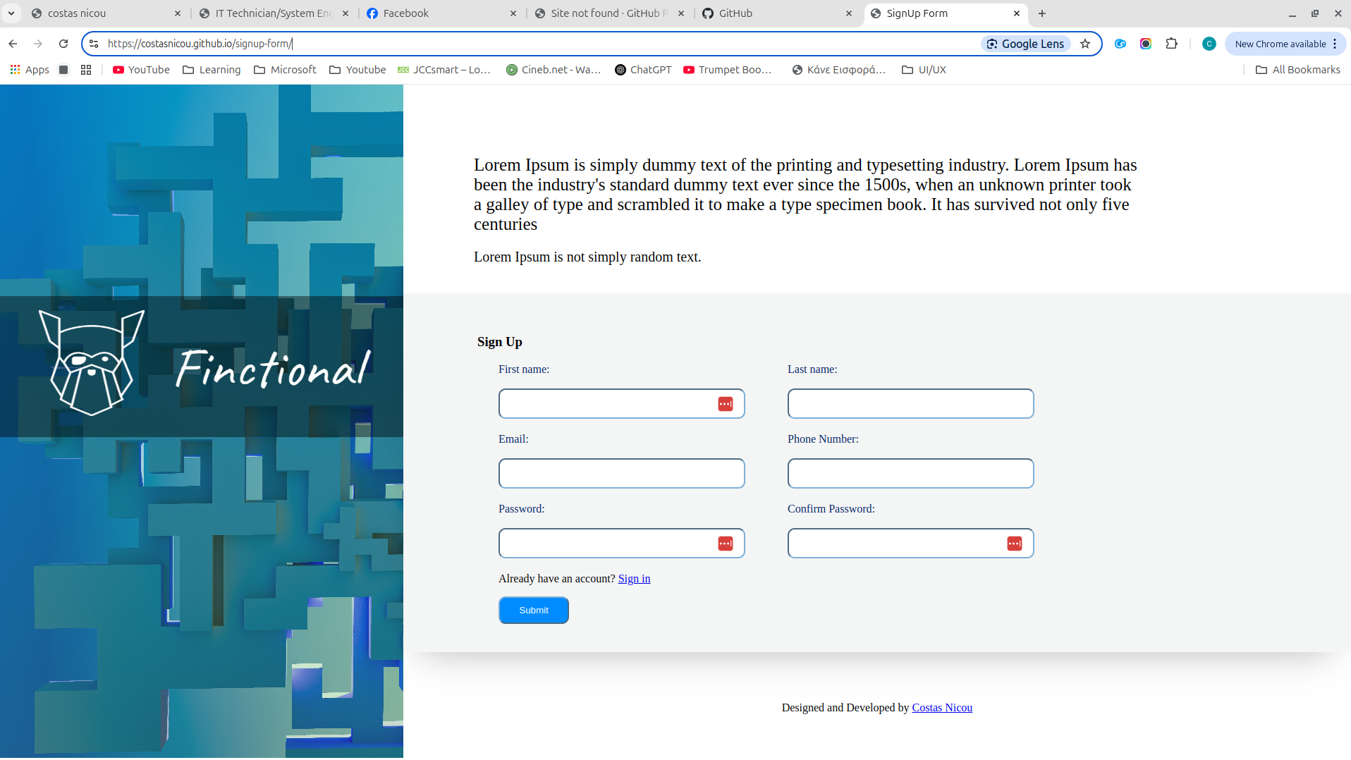 Modern Sign Up form developed with html and css
